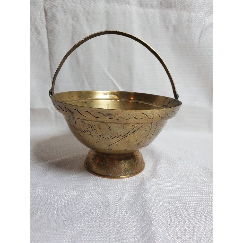 Vintage Brass Footed Bowl w/Swing Handle Hand Etched Engraved Design - India
